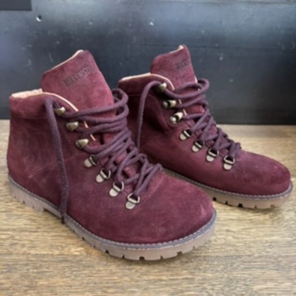 Birkenstock Women's Nubuck Leather Laced Ankle Boots Burgundy Size  EU 39